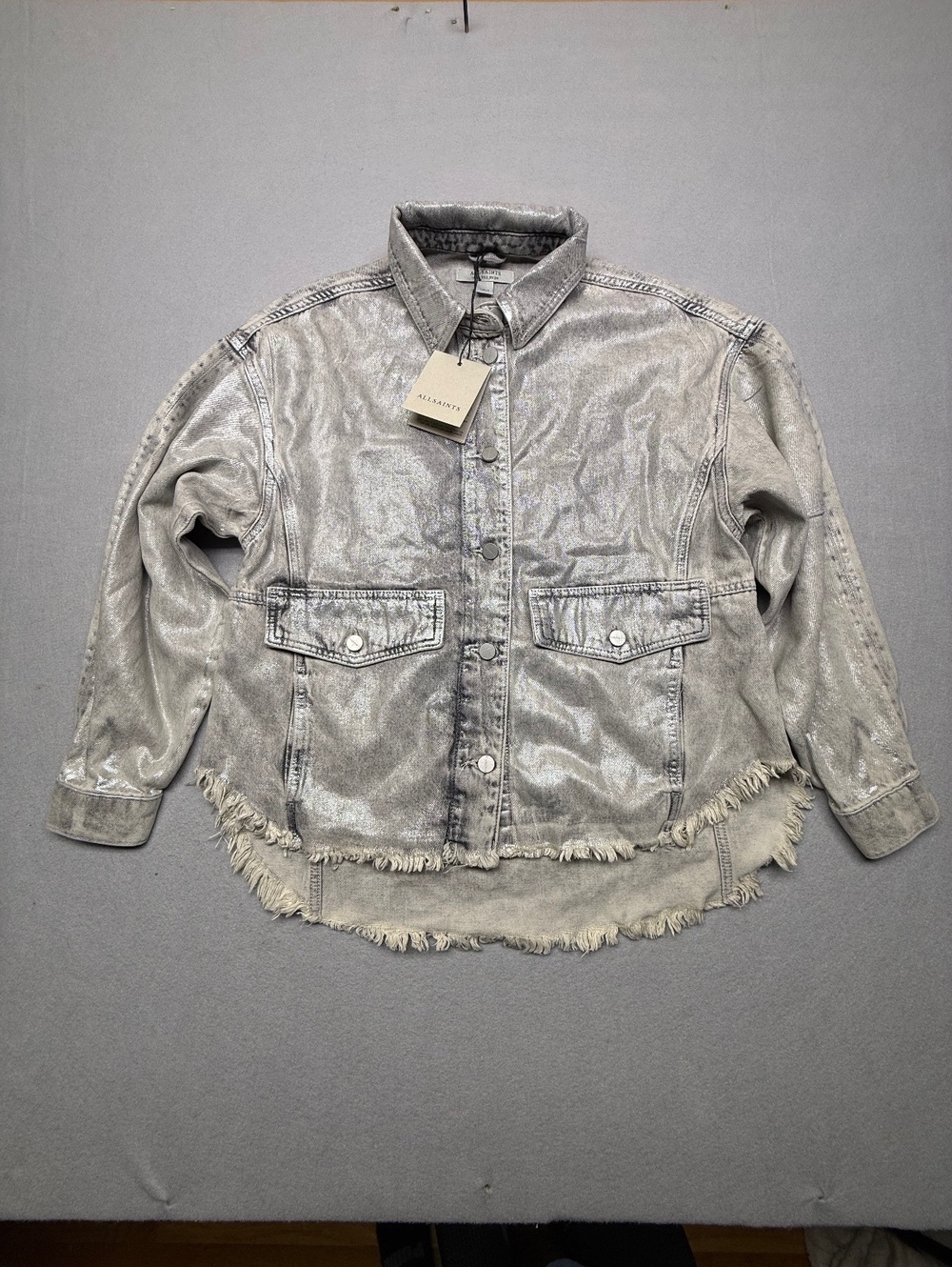 AllSaints Frayed Hem Denim Shirt Jacket Women US2 Gray